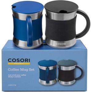 imageCOSORI Coffee Mug with Lids Set of 2 Stainless Steel Cups with Heatresistant Handle ampamp Slipresistant Sleeve 17 oz Best Match wMug Warmer for CoffeeTeaWaterCocoa Milk C1601CM Black ampamp Blue