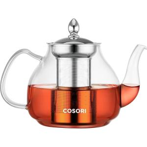 imageCOSORI Glass Tea Kettle with Removable Infusers Teapot for Stovetop 1000ML Stainless Steel Filter BPA Free Durable Borosilicate Transparent