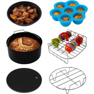 imageCOSORI Air Fryer Accessories Set of 6 Perfect for Most 50 Qt and Larger Ovens Cake ampamp Pizza Pan Metal Holder Rack ampamp Skewers etc BPA Free Nonstick Dishwasher Safe 58 QT BlackBlack