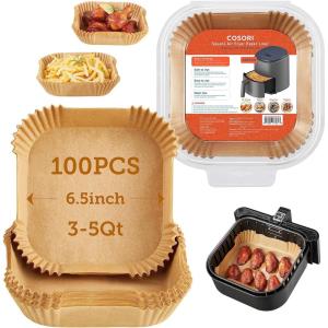 imageCOSORI Air Fryer Liners 100 PCS Square Disposable Paper Liners NonStick Silicone Oil Coating Little to No Cleaning 65quot Unbleached Food Grade Resistant to 465F Thickened Not Easy to BreakBrown