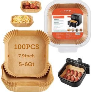 imageCOSORI Air Fryer Liners 100 PCS Square Disposable Paper Liners NonStick Silicone Oil Coating Little to No Cleaning 65quot Unbleached Food Grade Resistant to 465F Thickened Not Easy to BreakWood