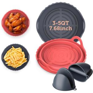 imageCOSORI Air Fryer Silicone Liners for 35 Qt 76 Inch Reusable Basket Certified Food Grade Accessories Resistant up to 450F Thickened ampamp Durable Nonstick Dishwasher Safe Gloves Included 2 PcsGrayred